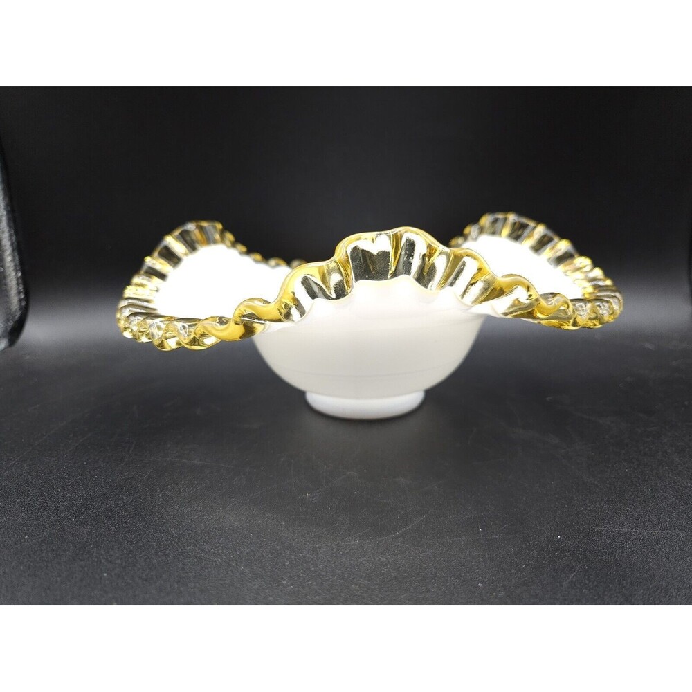 Fenton Gold Crest Ruffled Crimped Edge Milk Glass Candy Dish Bowl Vintage